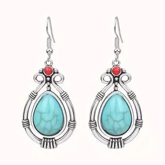 Turquoise Necklace & Earring 3pc Set Silver Glam Trendy Y2K Hipi Boho Minimalist - Picture 2 of 5